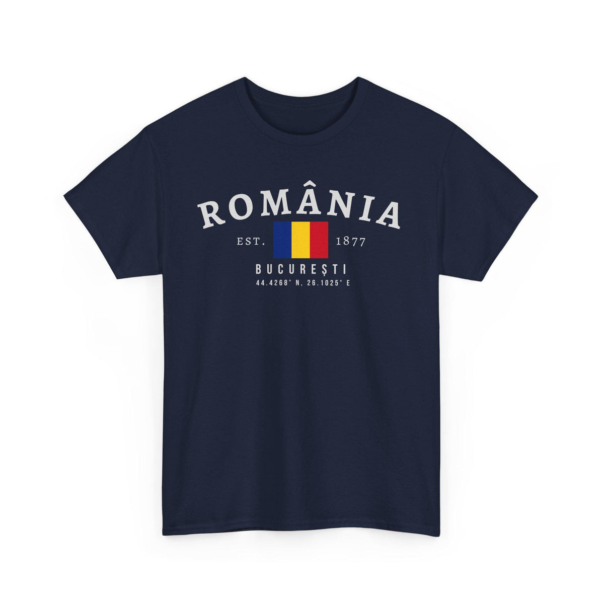 Blue t-shirt with România varsity text, Romanian flag, Est. 1877, București, and coordinates