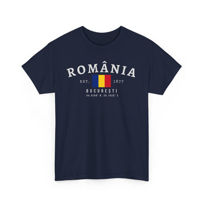 Blue t-shirt with România varsity text, Romanian flag, Est. 1877, București, and coordinates