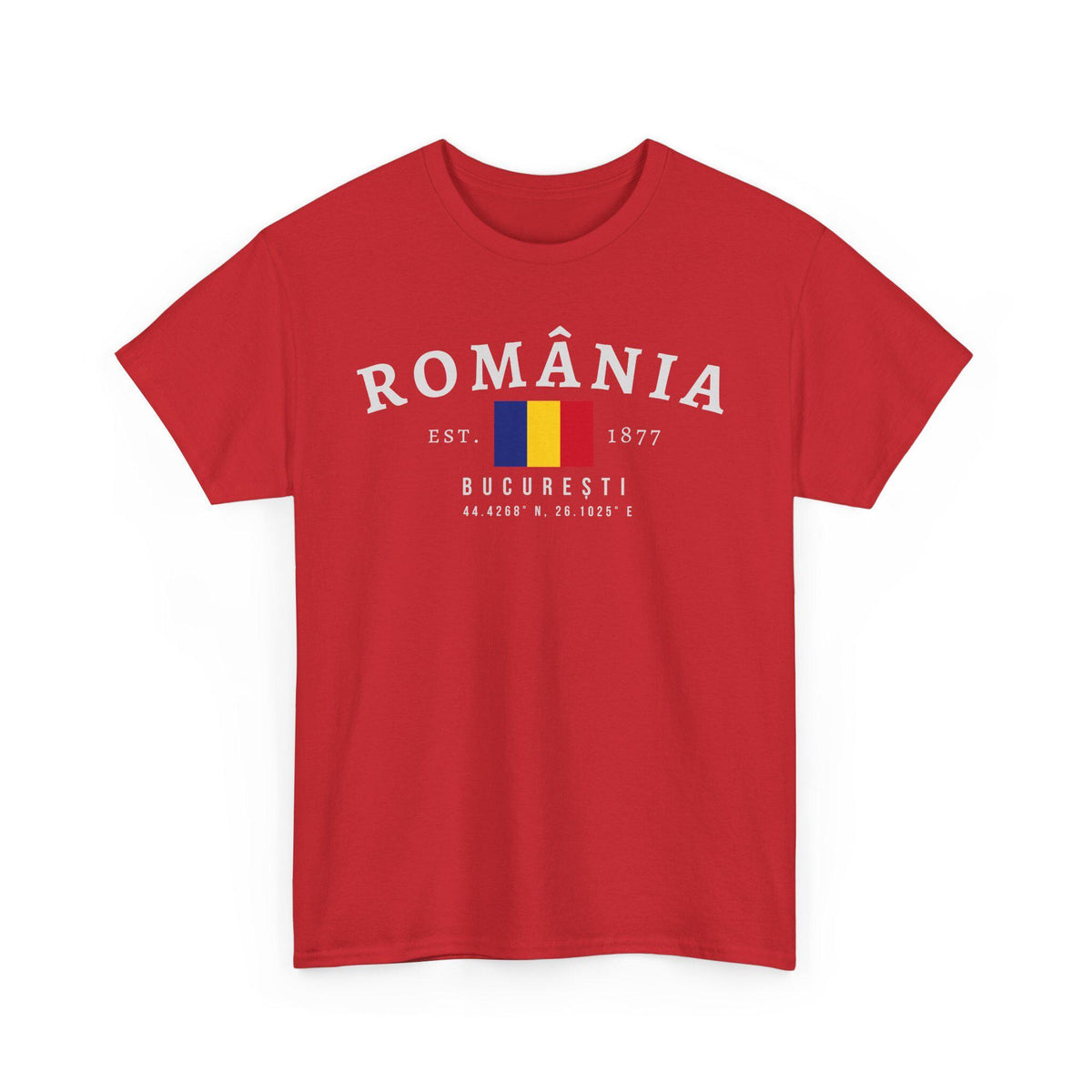Blue t-shirt with România varsity text, Romanian flag, Est. 1877, București, and coordinates