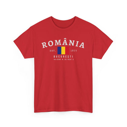 Blue t-shirt with România varsity text, Romanian flag, Est. 1877, București, and coordinates