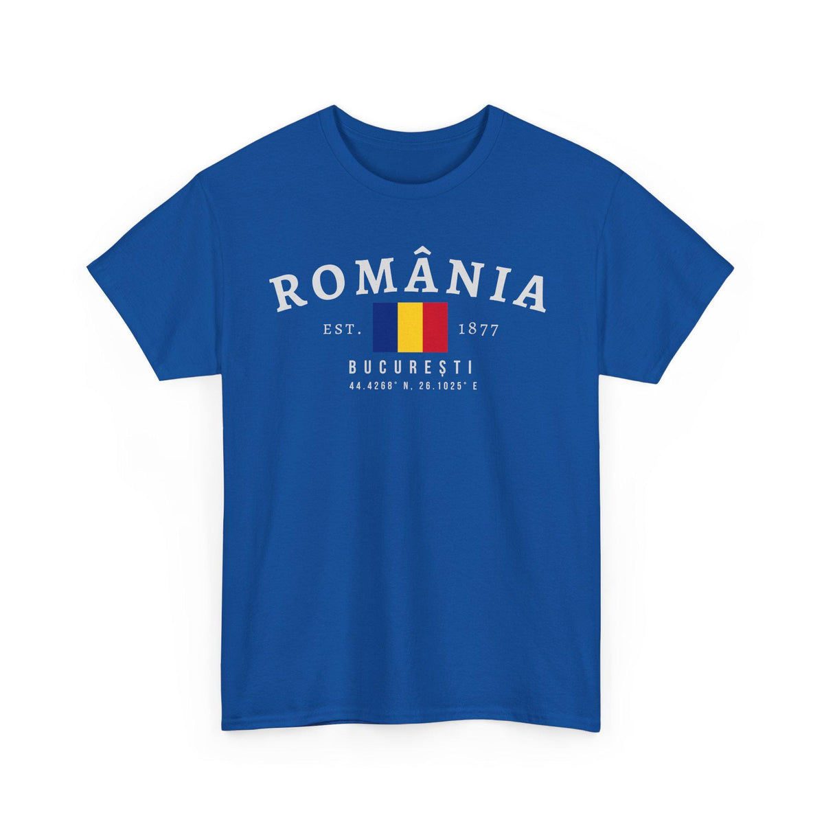 Blue t-shirt with România varsity text, Romanian flag, Est. 1877, București, and coordinates