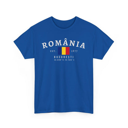 Blue t-shirt with România varsity text, Romanian flag, Est. 1877, București, and coordinates