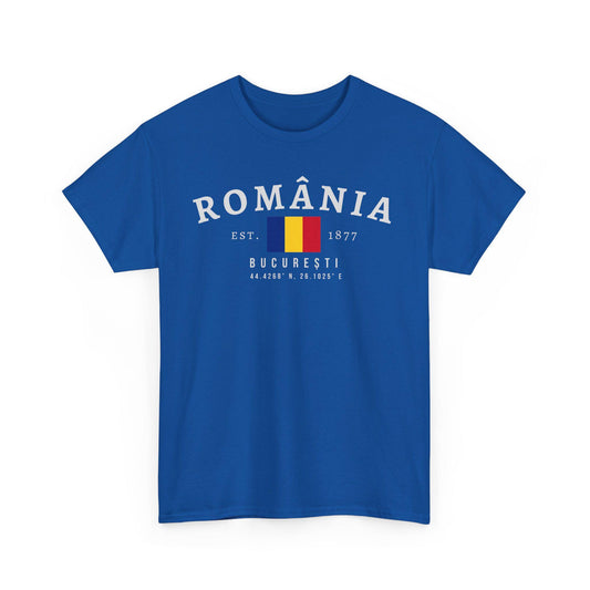 Blue t-shirt with România varsity text, Romanian flag, Est. 1877, București, and coordinates