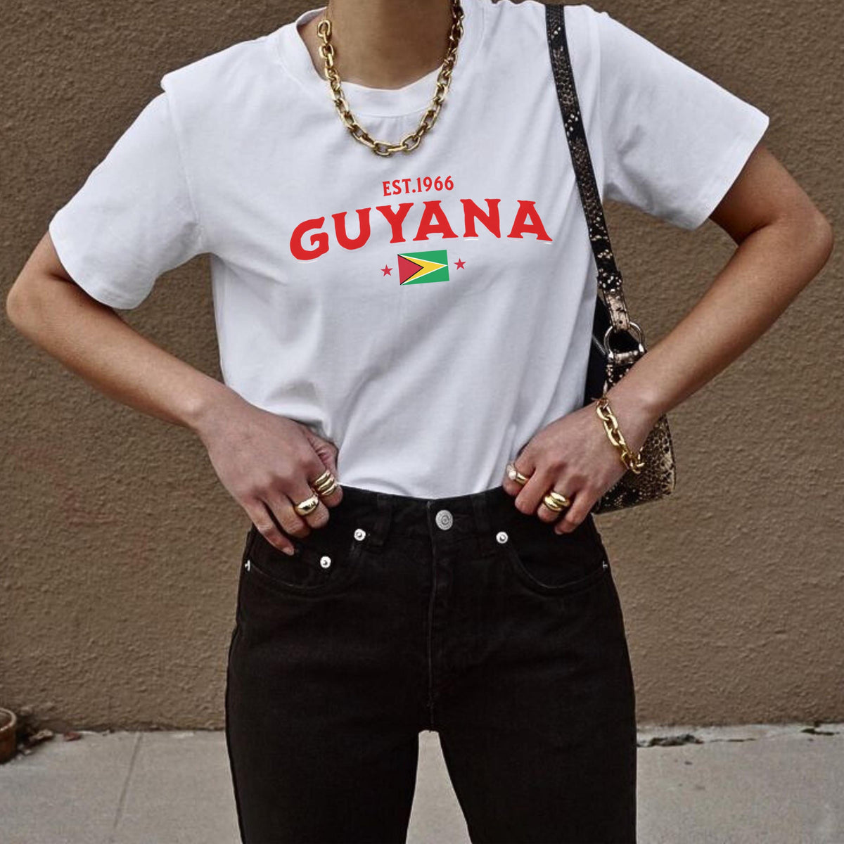 Black T-shirt with EST.1966 Guyana lettering, Guyana flag graphic, and star accents