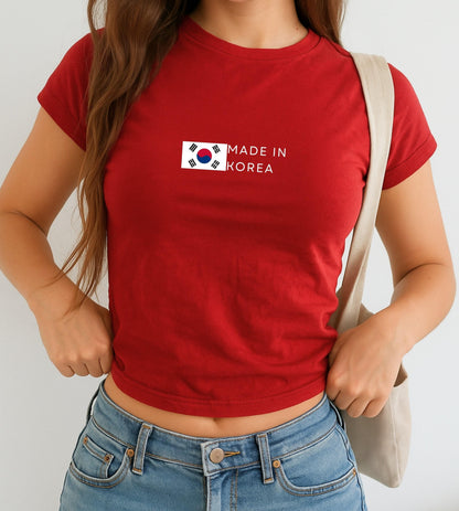 Navy baby tee with South Korea flag graphic and Made In Korea text