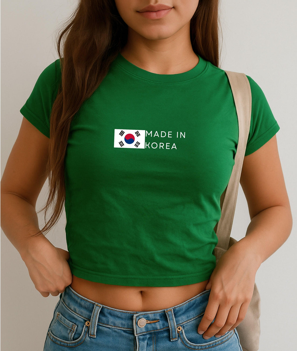 Navy baby tee with South Korea flag graphic and Made In Korea text