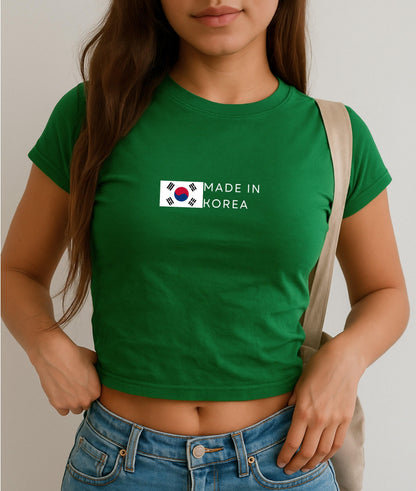 Navy baby tee with South Korea flag graphic and Made In Korea text