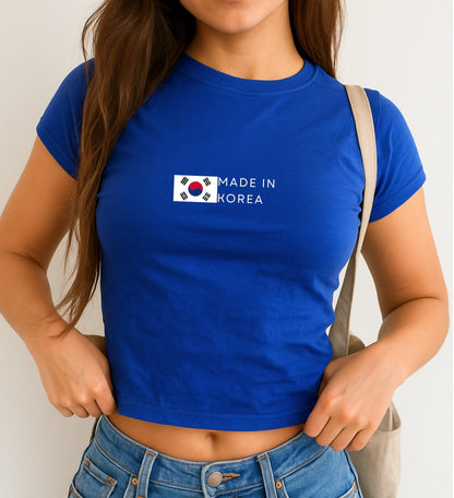 Navy baby tee with South Korea flag graphic and Made In Korea text