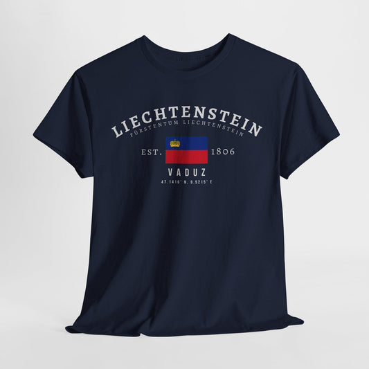 Navy T-shirt with Liechtenstein flag, crown, Vaduz text, Est. 1806, and coordinates