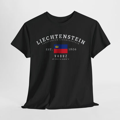 Navy T-shirt with Liechtenstein flag, crown, Vaduz text, Est. 1806, and coordinates