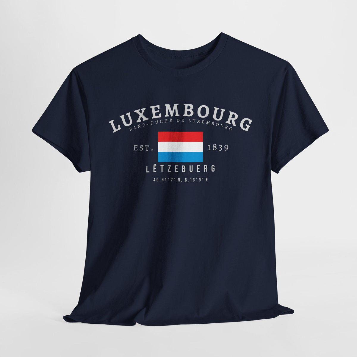 Navy T-shirt with Luxembourg flag, Lëtzebuerg text, Est. 1839, and coordinates design.
