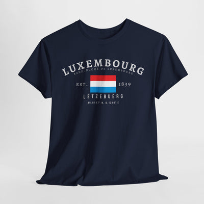 Navy T-shirt with Luxembourg flag, Lëtzebuerg text, Est. 1839, and coordinates design.