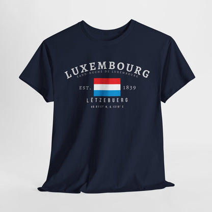 Navy T-shirt with Luxembourg flag, Lëtzebuerg text, Est. 1839, and coordinates design.
