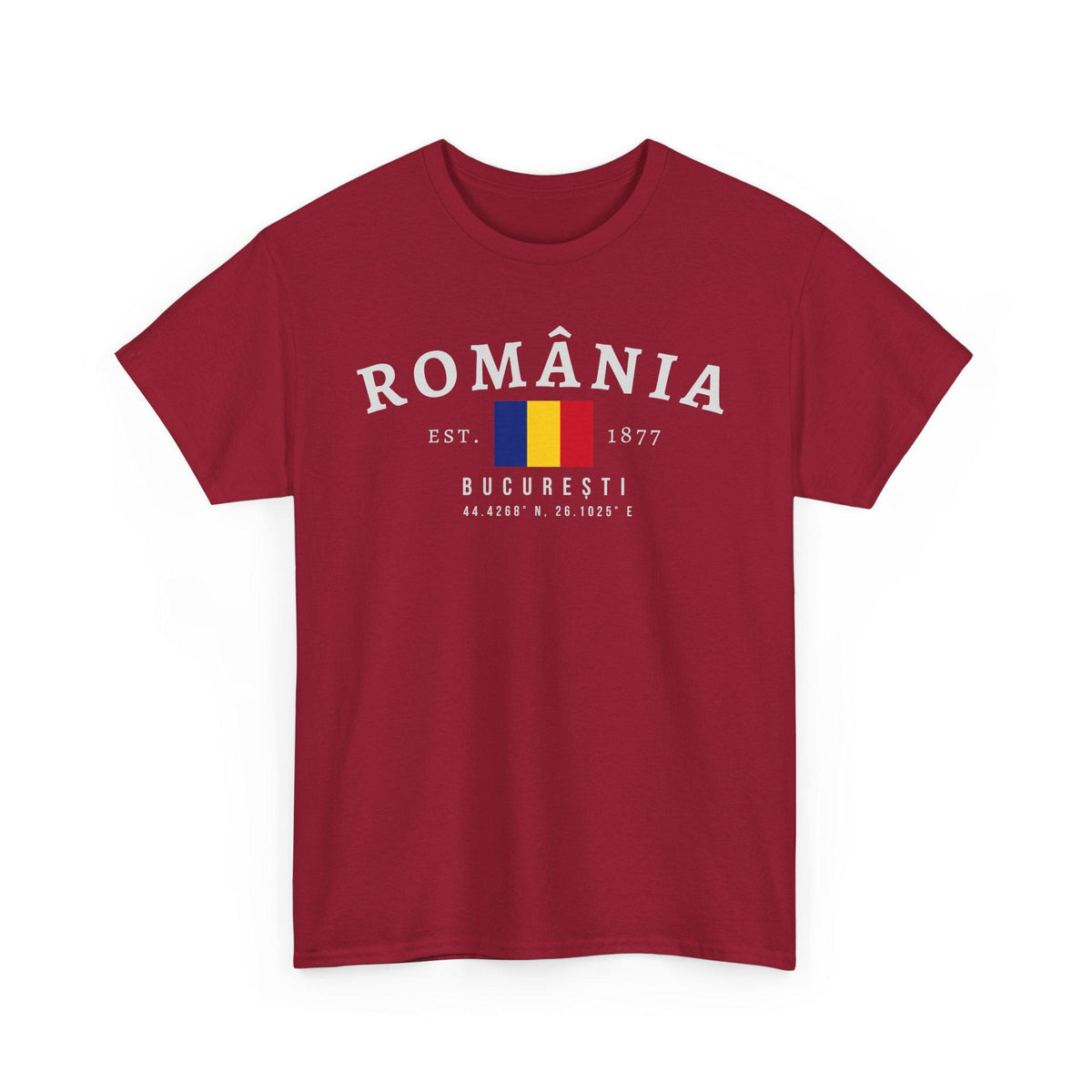 Blue t-shirt with România varsity text, Romanian flag, Est. 1877, București, and coordinates
