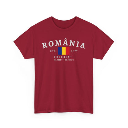 Blue t-shirt with România varsity text, Romanian flag, Est. 1877, București, and coordinates