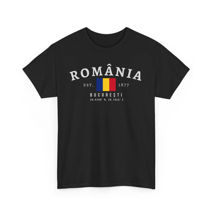 Blue t-shirt with România varsity text, Romanian flag, Est. 1877, București, and coordinates