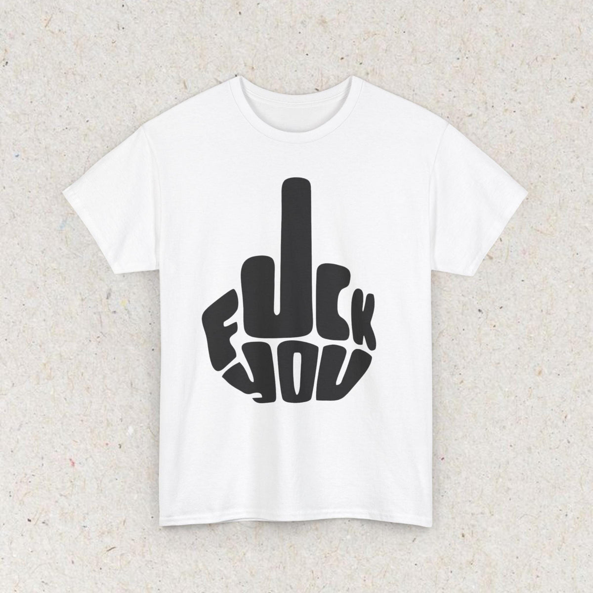 Yellow T-shirt with bold black fuck you lettering and a middle finger graphic