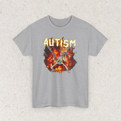 Black T-shirt with flaming AUTISM text, skeleton figure, and explosive fire graphic