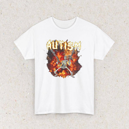 Black T-shirt with flaming AUTISM text, skeleton figure, and explosive fire graphic
