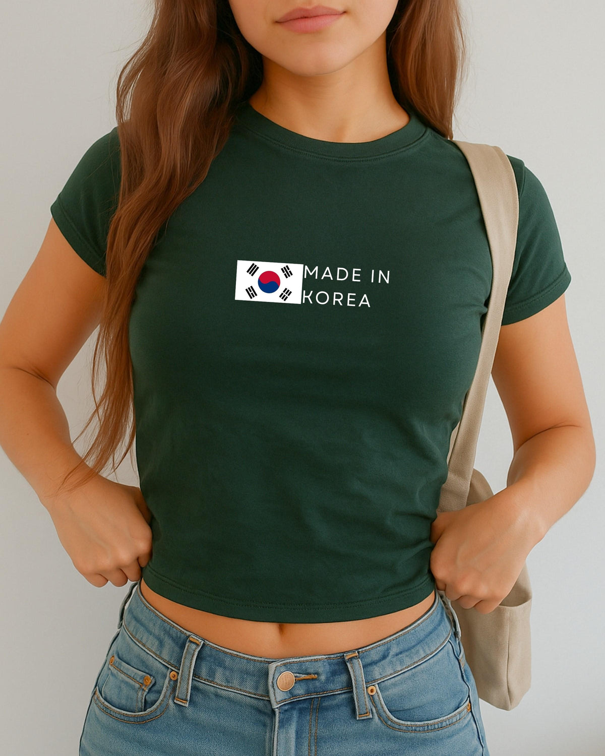 Navy baby tee with South Korea flag graphic and Made In Korea text