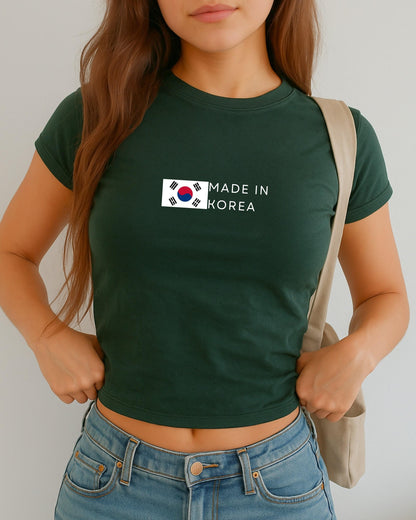 Navy baby tee with South Korea flag graphic and Made In Korea text