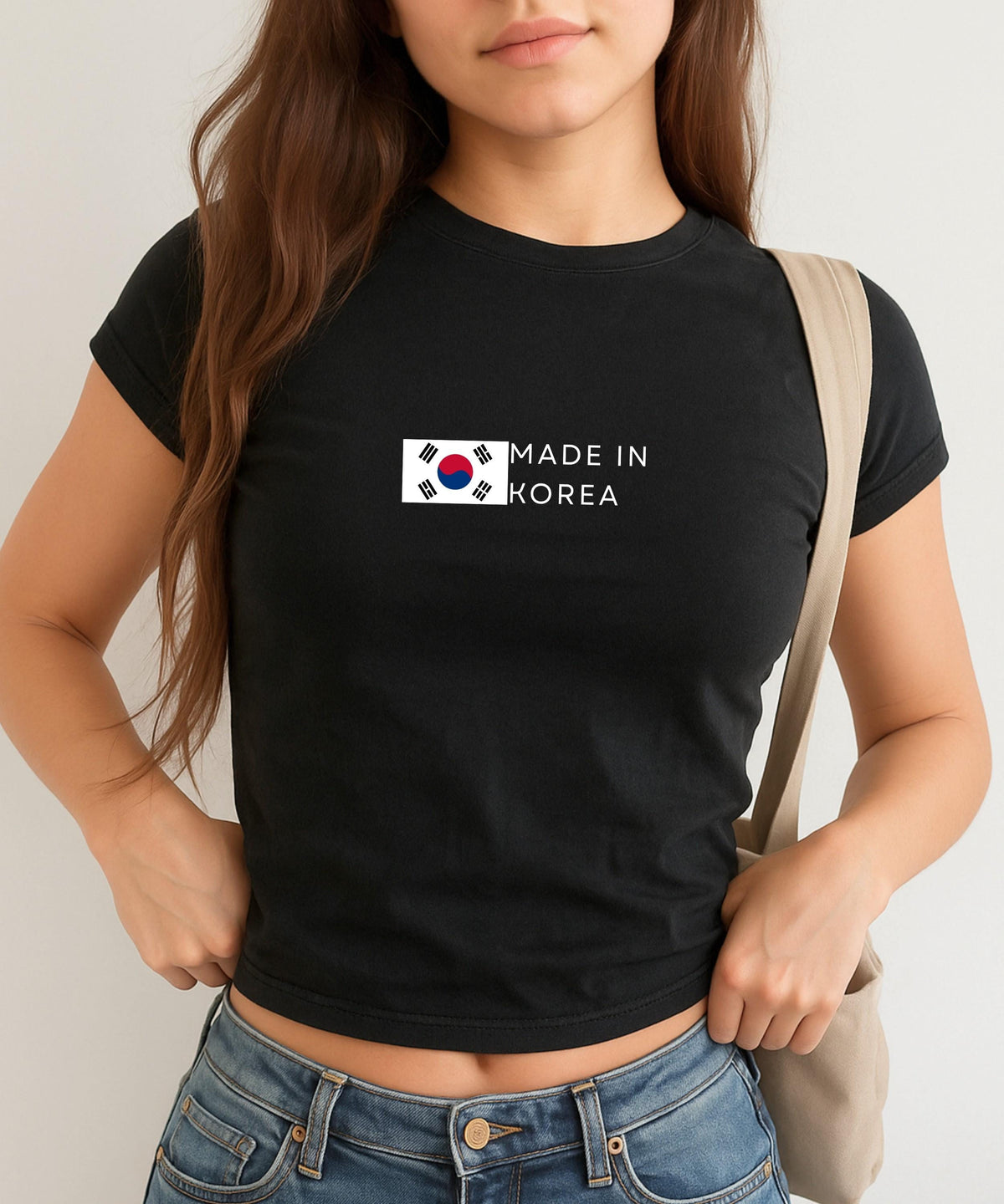 Navy baby tee with South Korea flag graphic and Made In Korea text