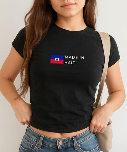 Navy baby tee with Haitian flag and white Made in Haiti text