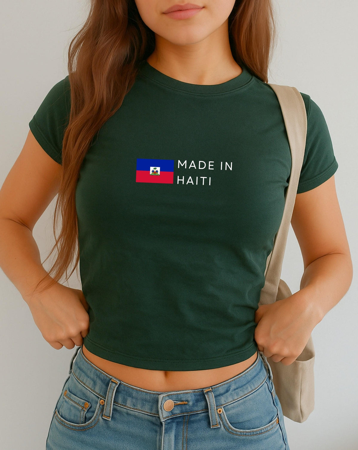 Navy baby tee with Haitian flag and white Made in Haiti text