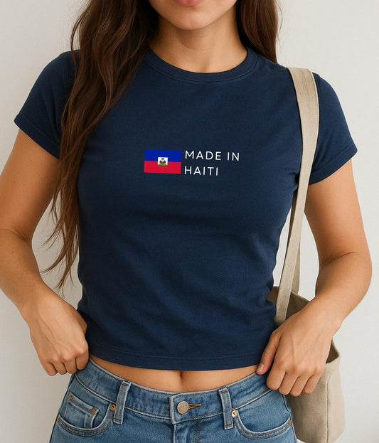 Navy baby tee with Haitian flag and white Made in Haiti text