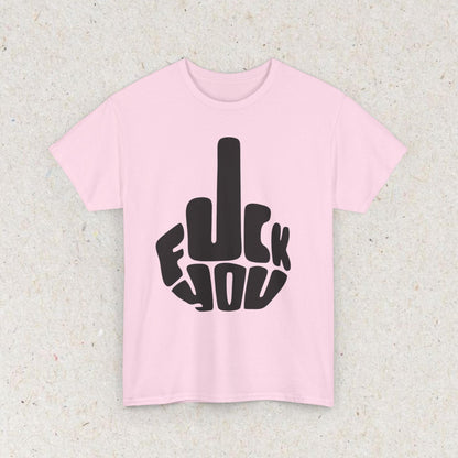 Yellow T-shirt with bold black fuck you lettering and a middle finger graphic