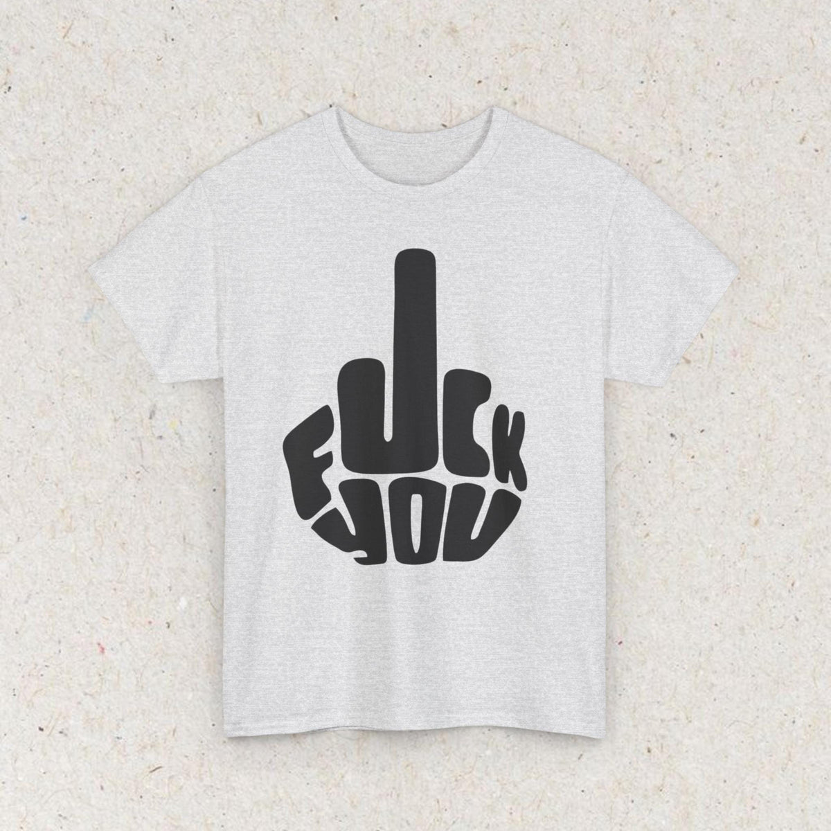 Yellow T-shirt with bold black fuck you lettering and a middle finger graphic