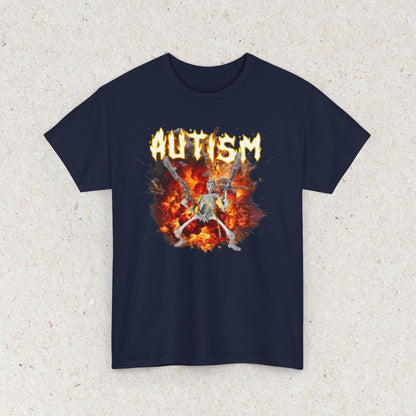 Black T-shirt with flaming AUTISM text, skeleton figure, and explosive fire graphic