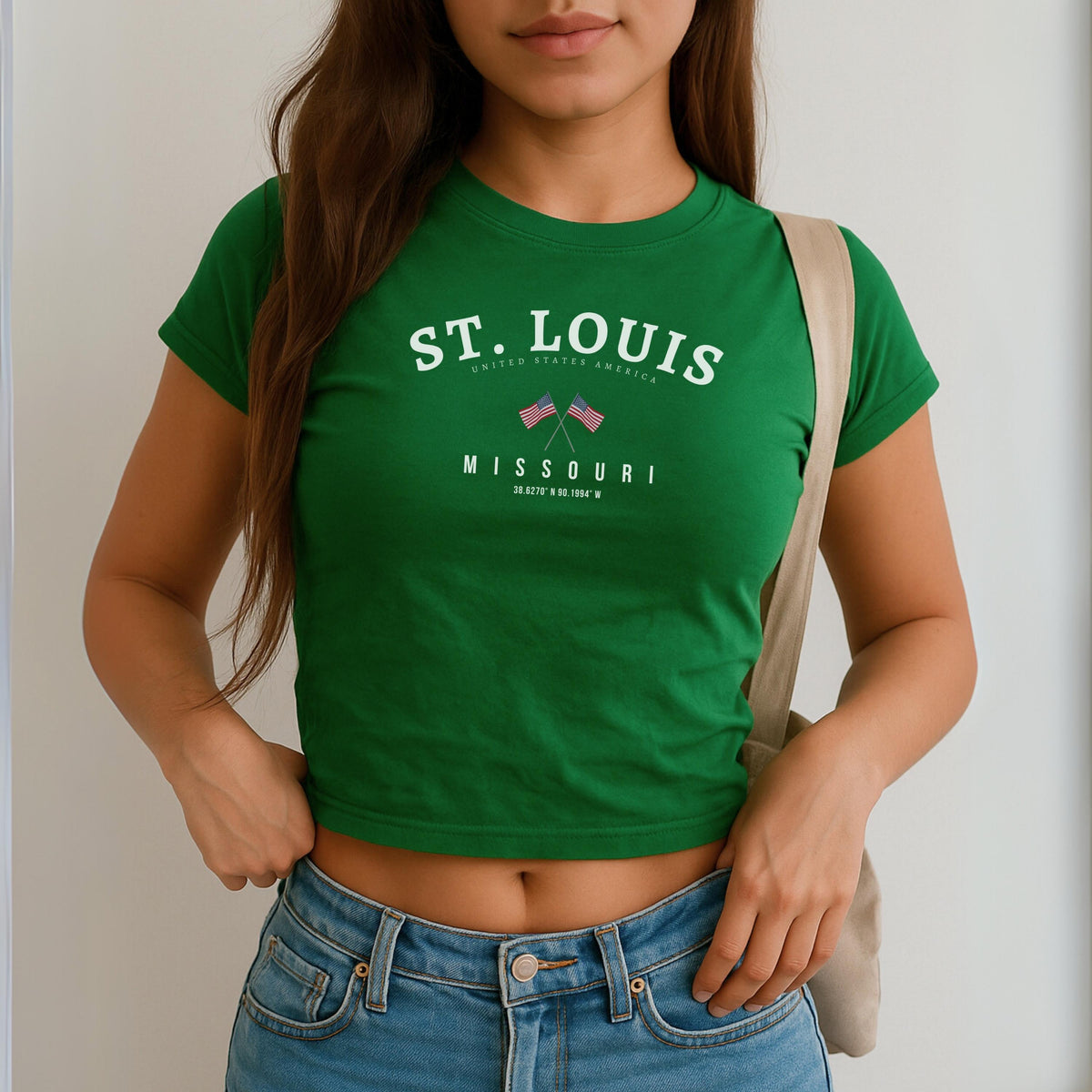 St. Louis Missouri baby tee with crossed American flags and coordinates design