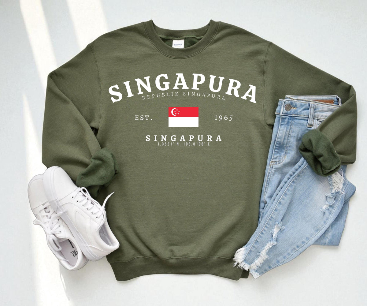 Navy sweatshirt with Singapura text, Republik Singapura, Singapore flag, EST. 1965, and coordinates