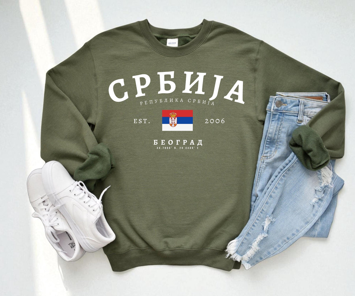 Navy sweatshirt with Cyrillic Srbija text, Serbian flag, Est. 2006, and Belgrade details