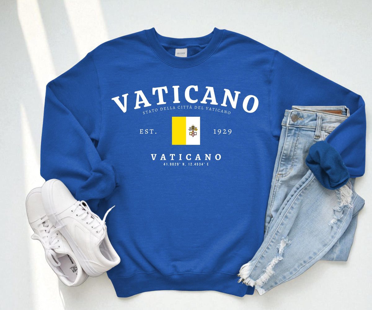 Navy sweatshirt with Vaticano text, Vatican City flag, EST. 1929, and coordinate design