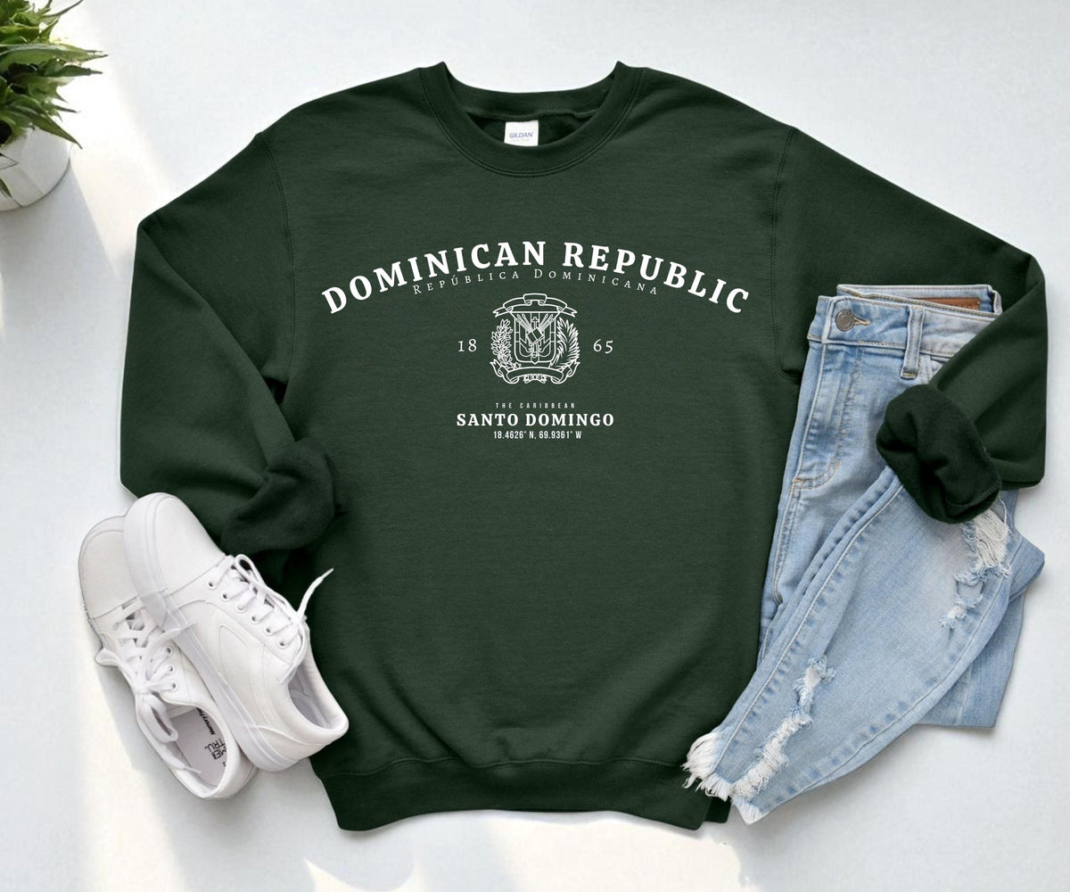Black sweatshirt with white Dominican Republic crest, Santo Domingo text, and Caribbean coordinates