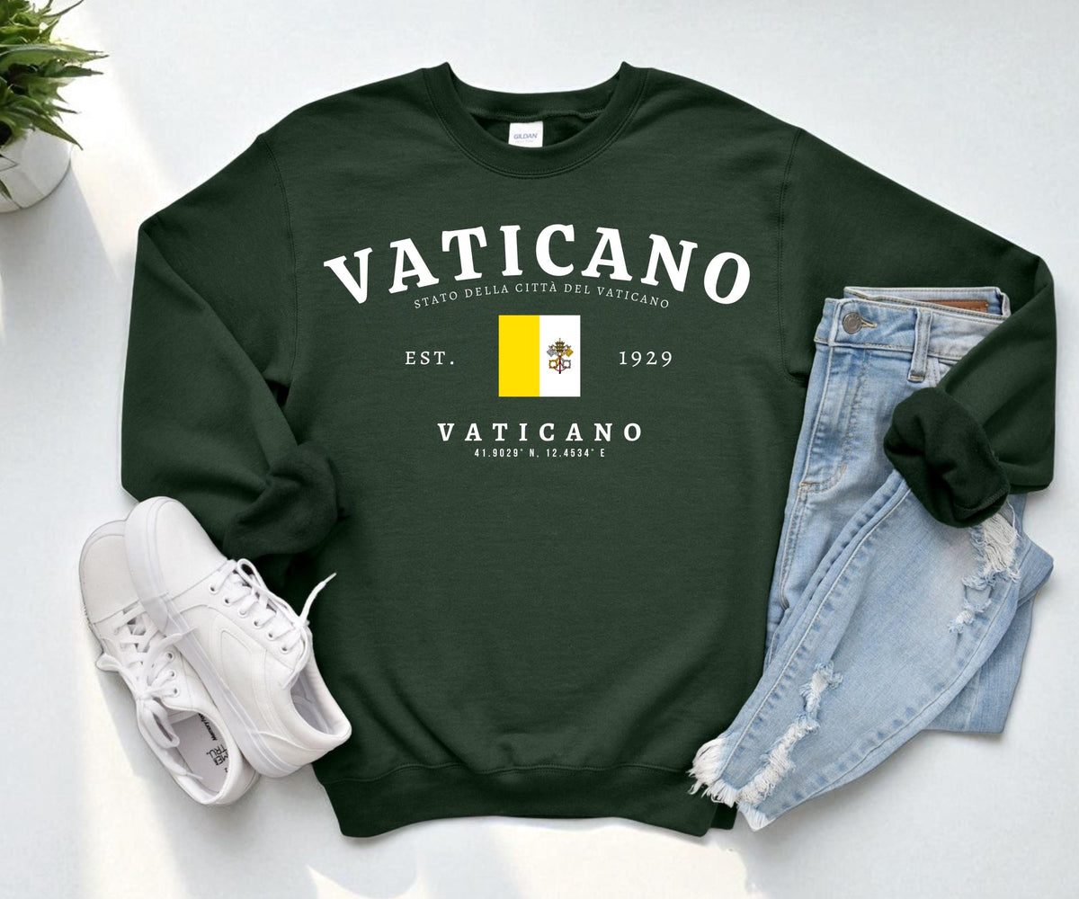 Navy sweatshirt with Vaticano text, Vatican City flag, EST. 1929, and coordinate design