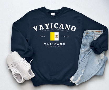 Navy sweatshirt with Vaticano text, Vatican City flag, EST. 1929, and coordinate design