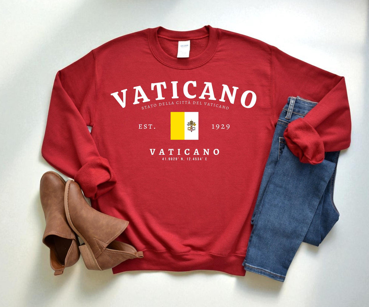 Navy sweatshirt with Vaticano text, Vatican City flag, EST. 1929, and coordinate design