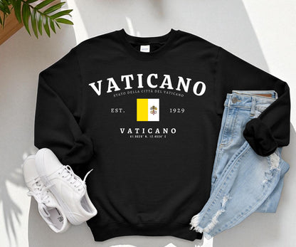 Navy sweatshirt with Vaticano text, Vatican City flag, EST. 1929, and coordinate design