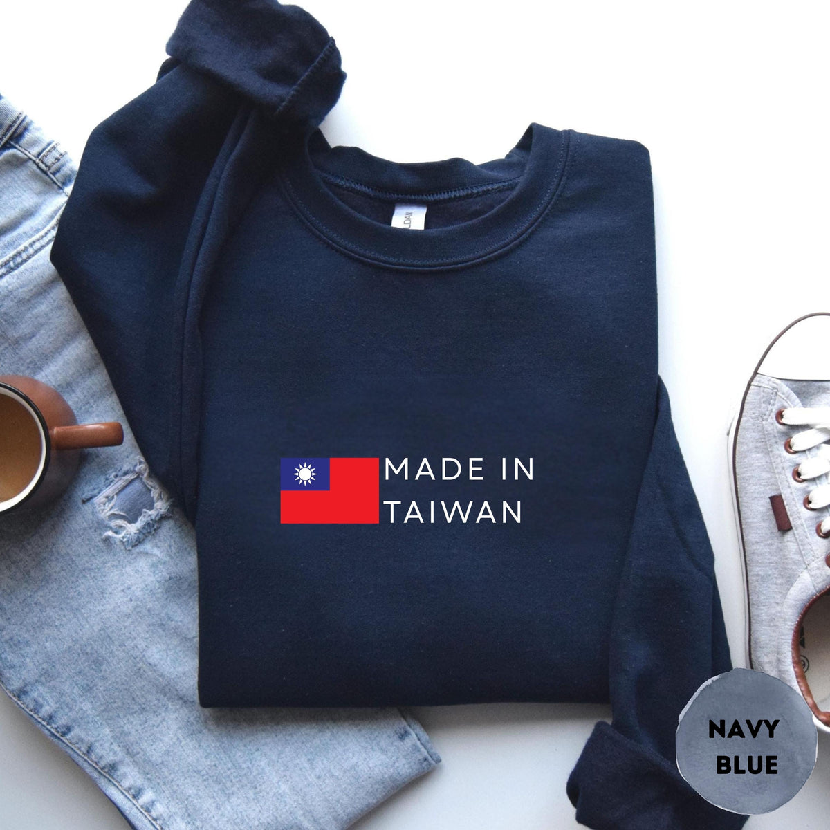 Navy crewneck sweatshirt with Taiwan flag and Made In Taiwan text design