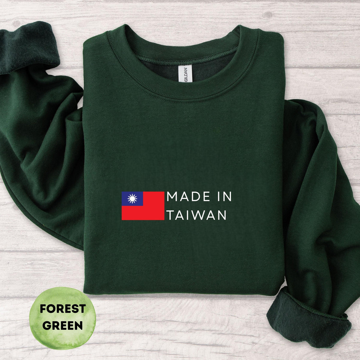 Navy crewneck sweatshirt with Taiwan flag and Made In Taiwan text design