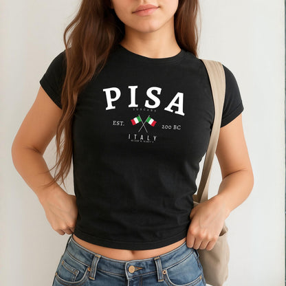 Blue baby tee with large Pisa text, Tuscany, Italy, crossed Italian flags, Est. 200 BC, and coordinates