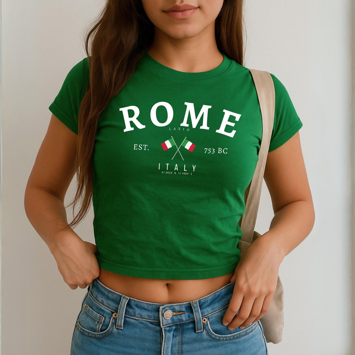 Navy baby tee with arched Rome text, Lazio detail, crossed Italian flags, EST. 753 BC, Italy and coordinates