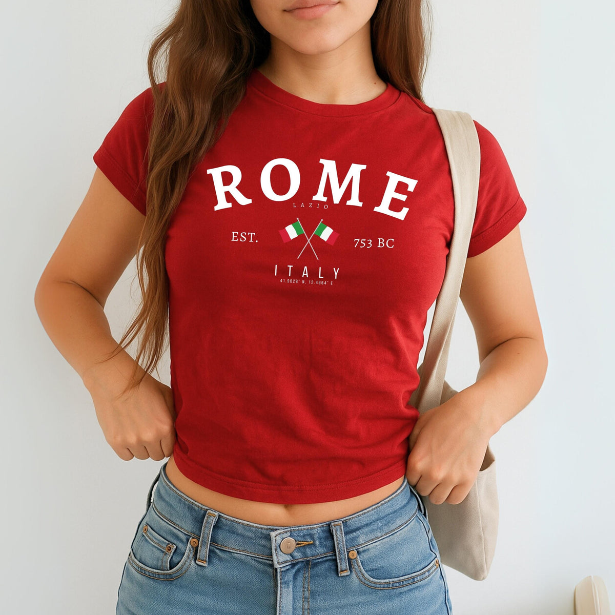 Navy baby tee with arched Rome text, Lazio detail, crossed Italian flags, EST. 753 BC, Italy and coordinates