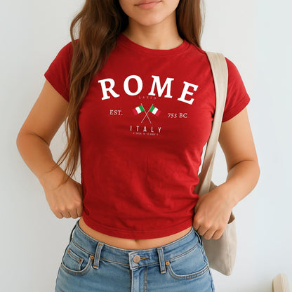 Navy baby tee with arched Rome text, Lazio detail, crossed Italian flags, EST. 753 BC, Italy and coordinates
