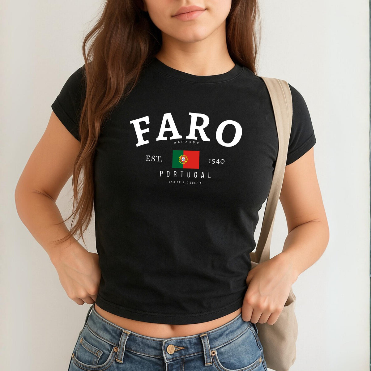 Faro Algarve Portugal baby tee design with flag, EST. 1540 text, and coordinates