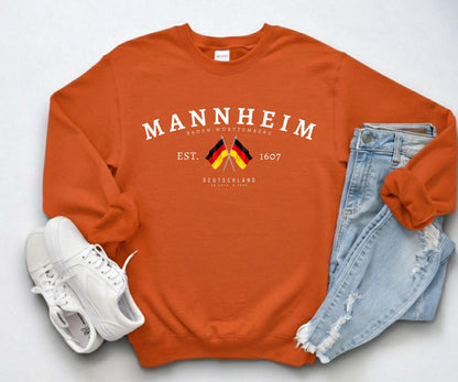 Mannheim Baden-Württemberg sweatshirt design with crossed German flags, EST. 1607, and Deutschland text