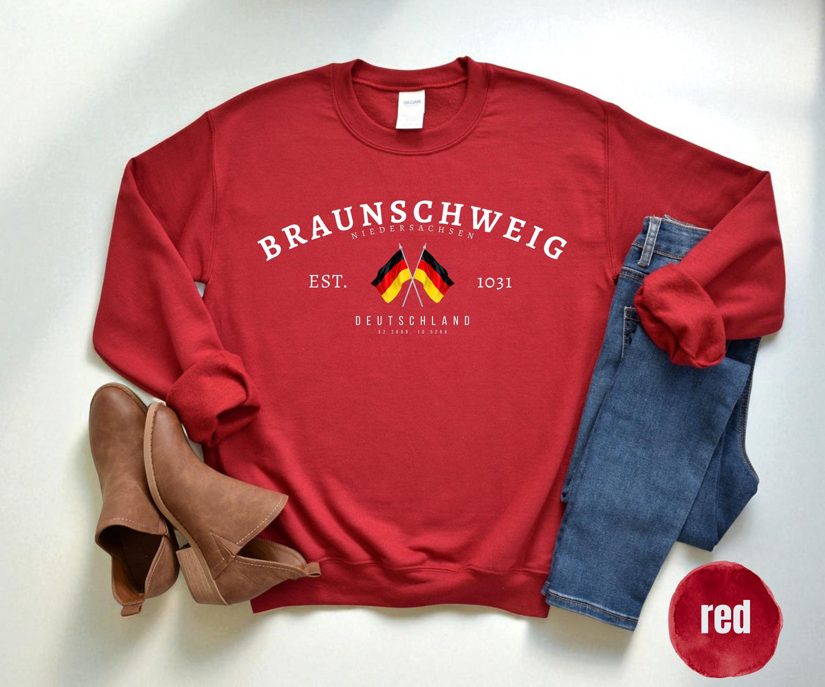 Red sweatshirt with Braunschweig Niedersachsen Deutschland text, EST. 1031, and crossed German flags